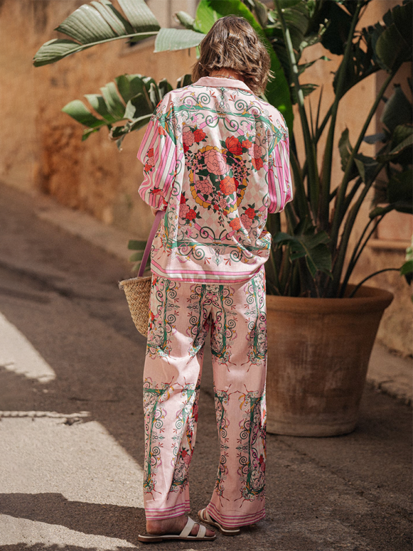 Vacation Outfits- Boho Floral Two-Piece Outfit - Long Sleeve Shirt & Pants- - Chuzko Women Clothing