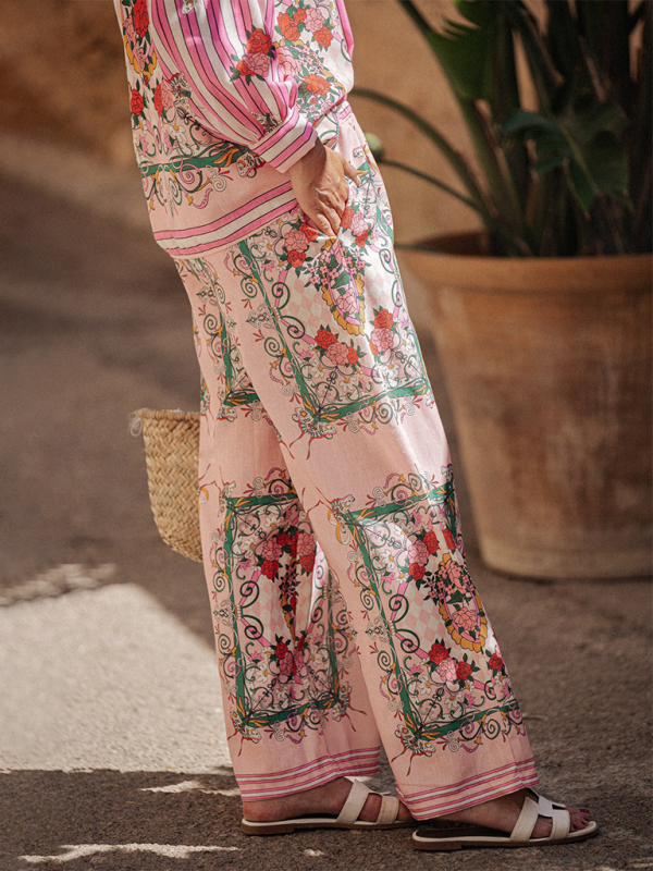 Vacation Outfits- Boho Floral Two-Piece Outfit - Long Sleeve Shirt & Pants- - Chuzko Women Clothing