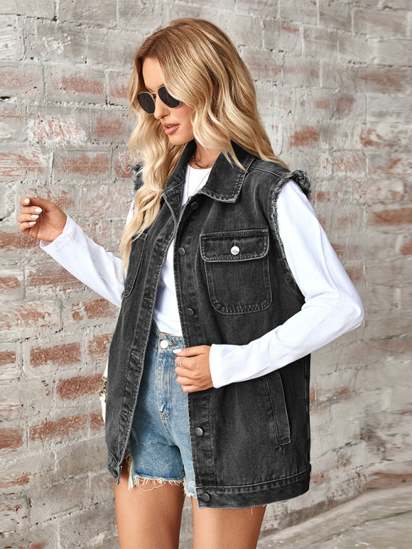 Waistcoats - Casual Denim Vest for Women with Shirt Collar