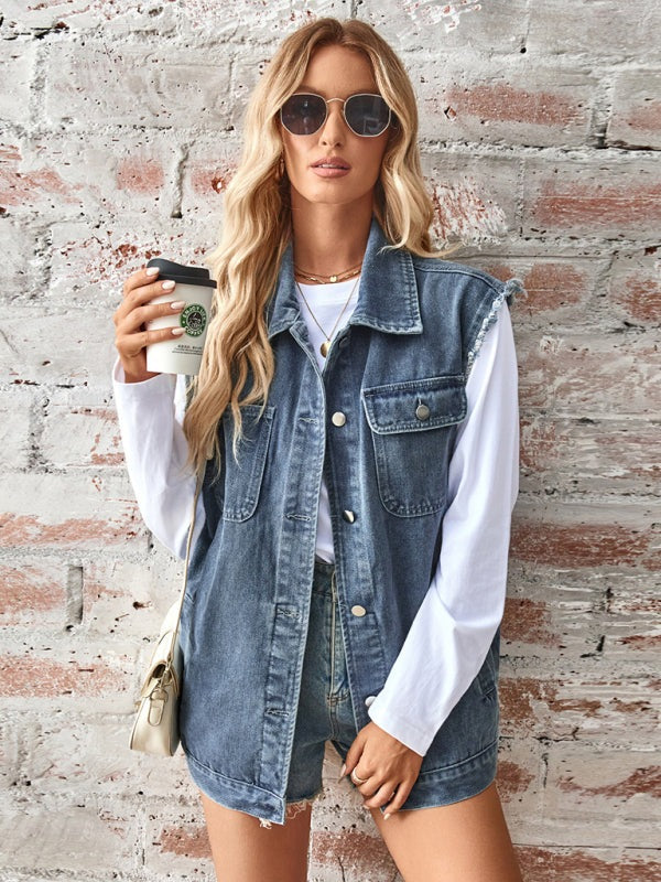 Waistcoats - Casual Denim Vest for Women with Shirt Collar