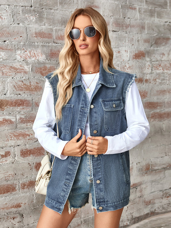 Waistcoats - Casual Denim Vest for Women with Shirt Collar