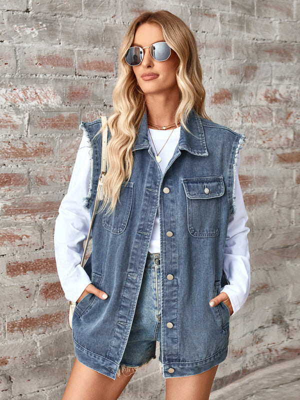 Waistcoats - Casual Denim Vest for Women with Shirt Collar