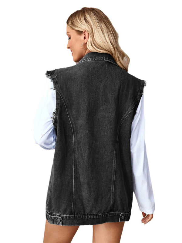 Waistcoats - Casual Denim Vest for Women with Shirt Collar