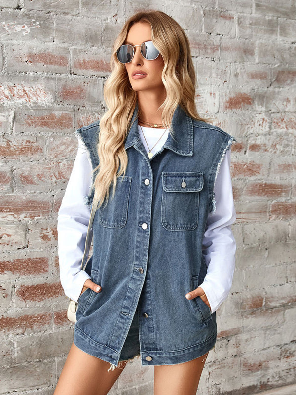 Waistcoats - Casual Denim Vest for Women with Shirt Collar