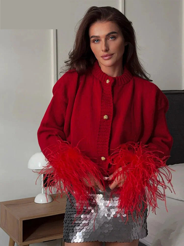 Women Sweaters- Feather Cuff Knit Sweater – Perfect for Autumn Casuals