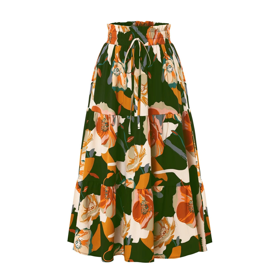Skirts - Women's Pleated Floral Print Elastic Waist Skirt