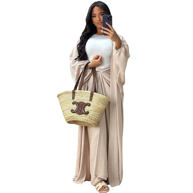 Pants Set - Nipped Waist Skirt Robe Two-piece Set