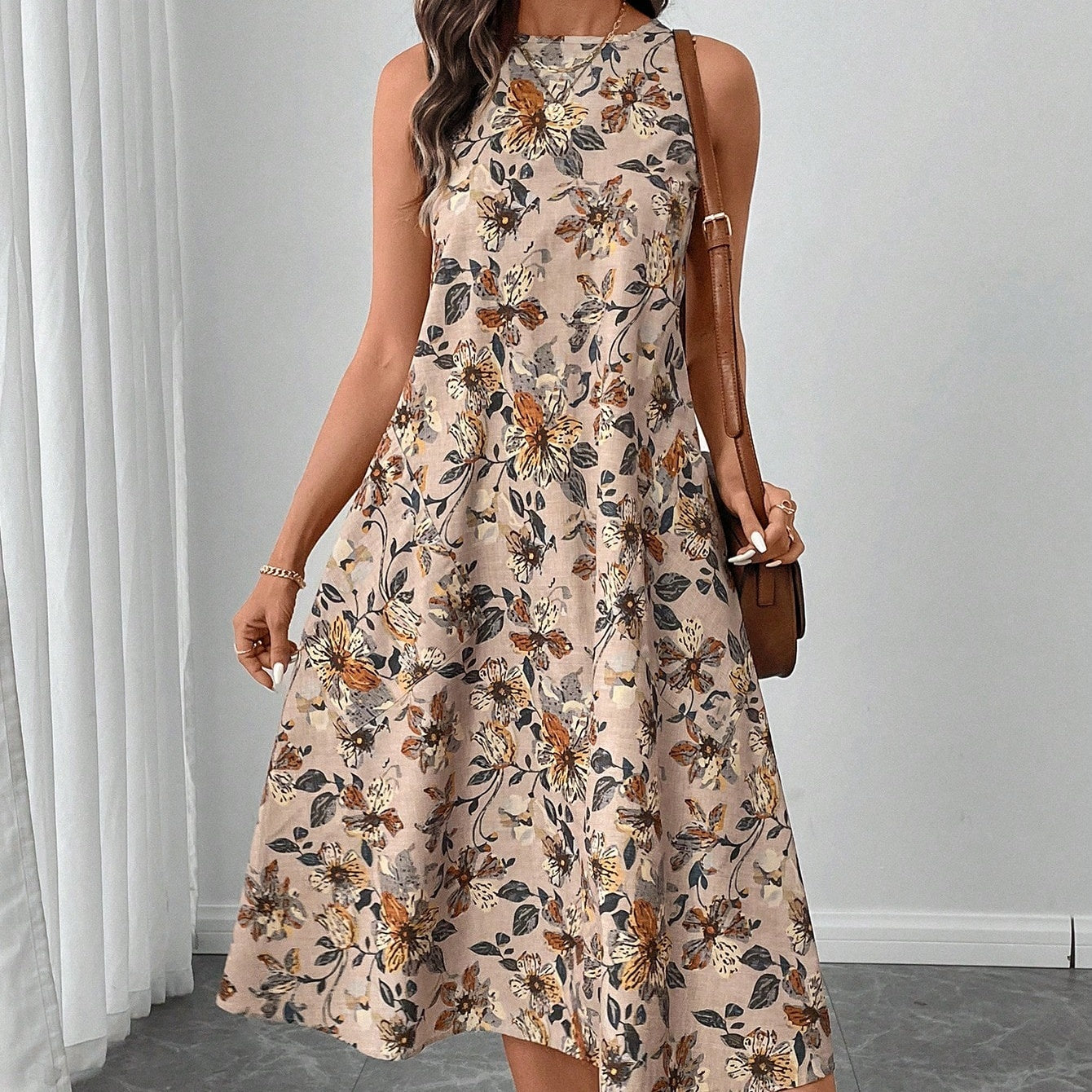 A-Line Dresses - Round Neck Sleeveless Flared Hem Retro Floral Print Casual Elegant Midi Dress