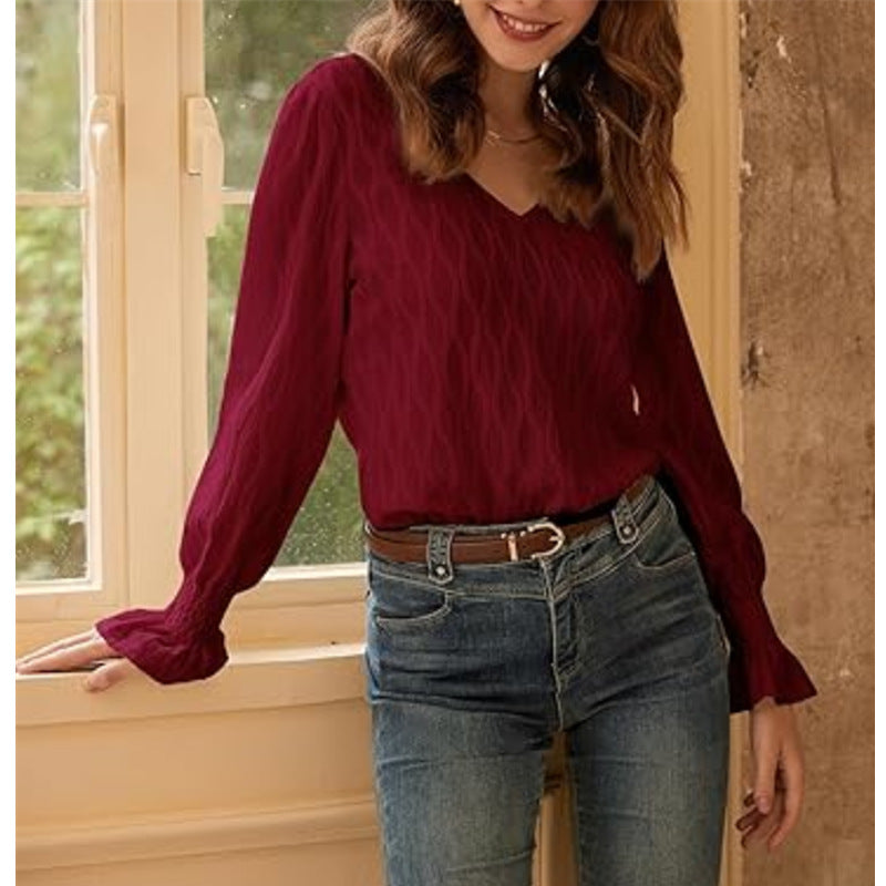 Blouses - Fashion V-neck Long Sleeve Smocking T-shirt Top Women's Clothing