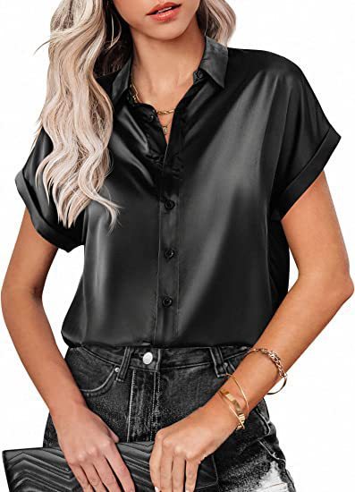 Blouses - Multicolor Silk Short Sleeve Satin Button Shirt Casual Loose Top