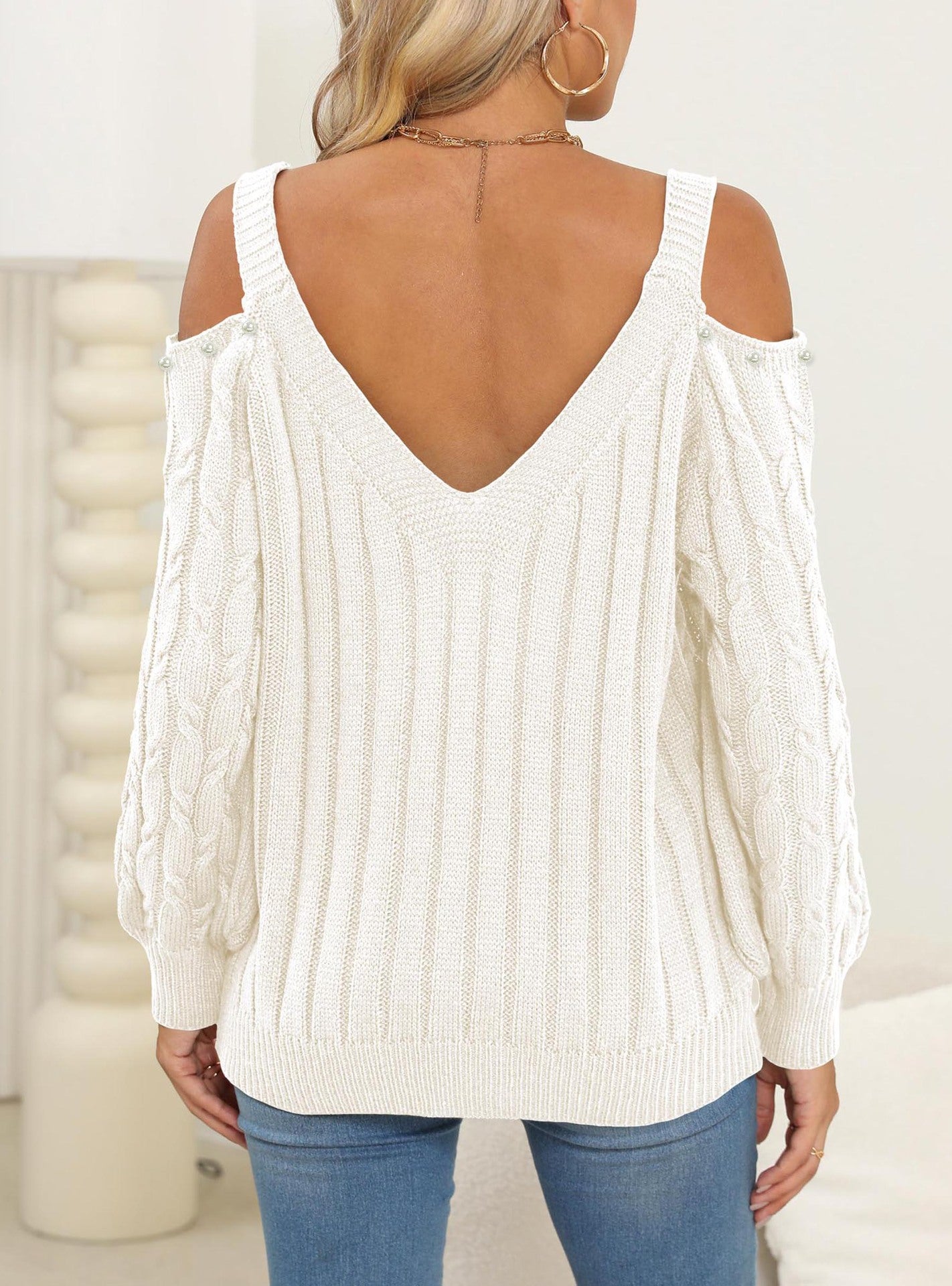 Sweaters - Woven Bottoming Shirt Deep V Off-the-shoulder Pullover Loose Sweater