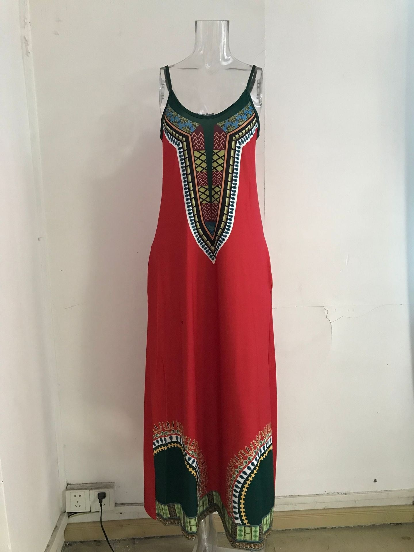 A-Line Dresses - V-neck Strap Long Digital Printing Ladies Dress