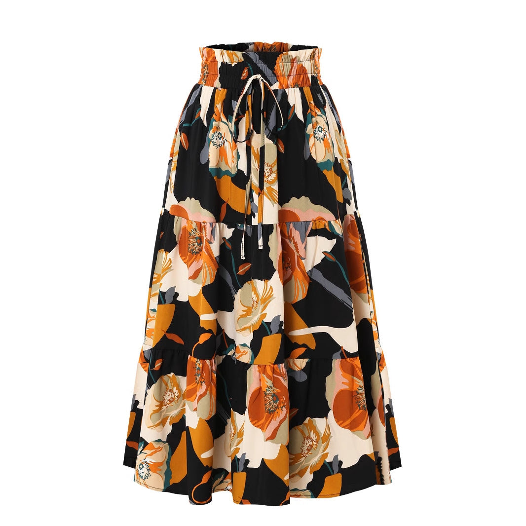 Skirts - Women's Pleated Floral Print Elastic Waist Skirt