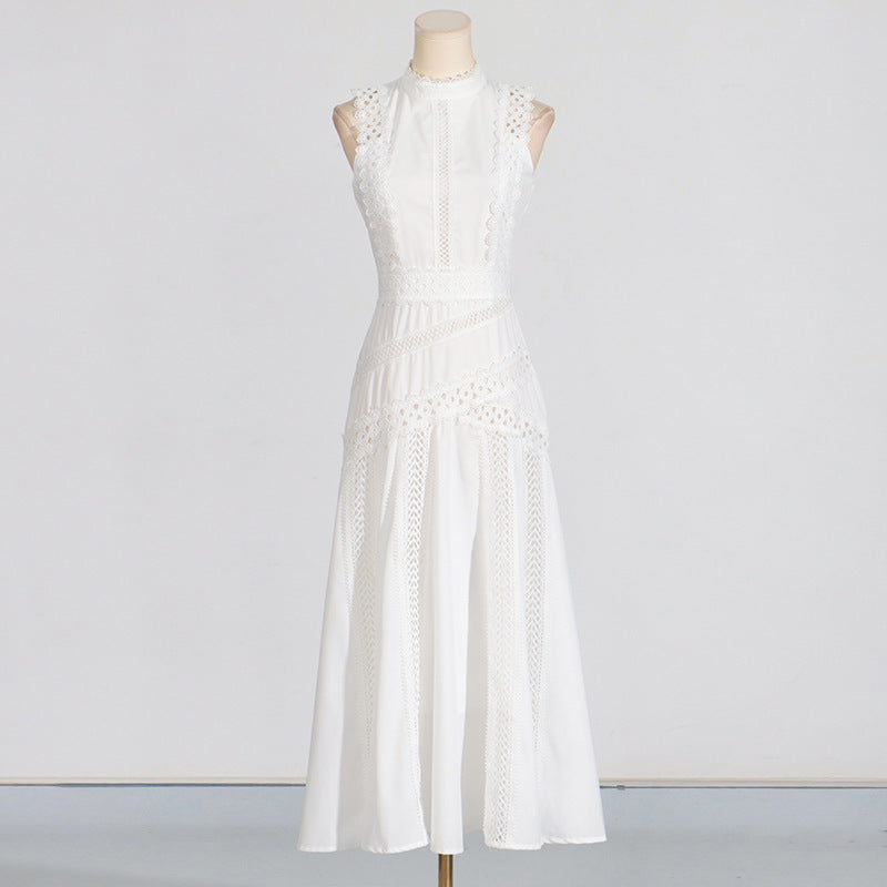 A-Line Dresses - Round Neck Sleeveless Waist Lace Stitching Solid Color Dress