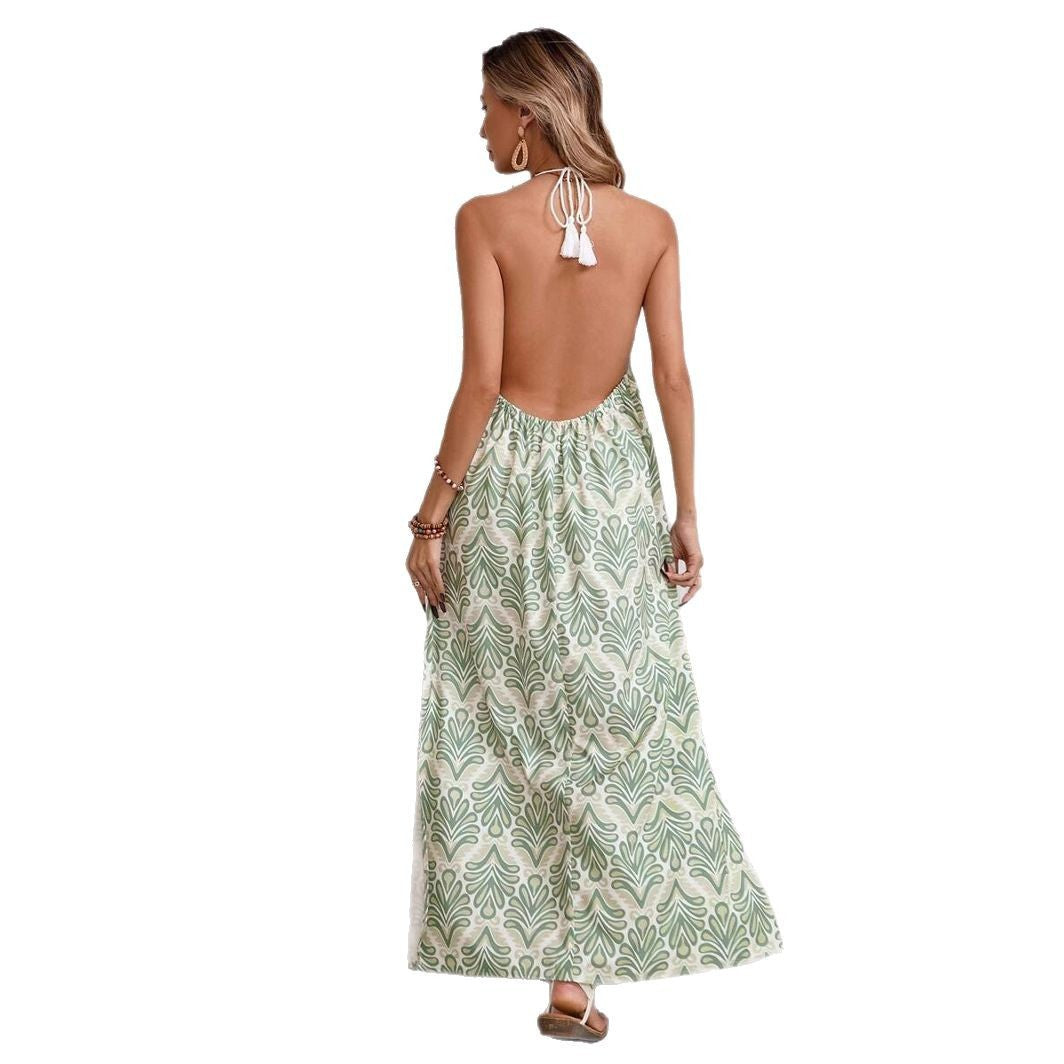 Vacation Dresses - Women's Halter Tassel Lace-up Backless Slit Holiday Dress