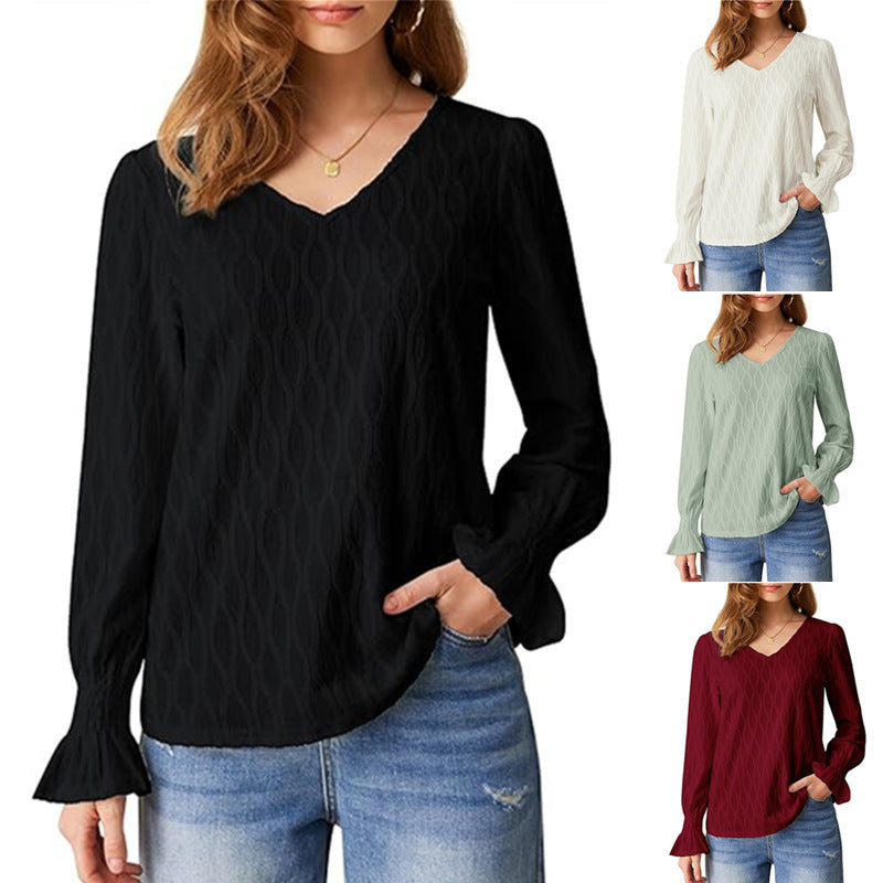 Blouses - Fashion V-neck Long Sleeve Smocking T-shirt Top Women's Clothing