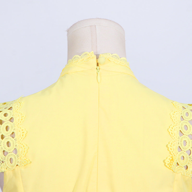 Round Neck Sleeveless Waist Lace Stitching Solid Color Dress