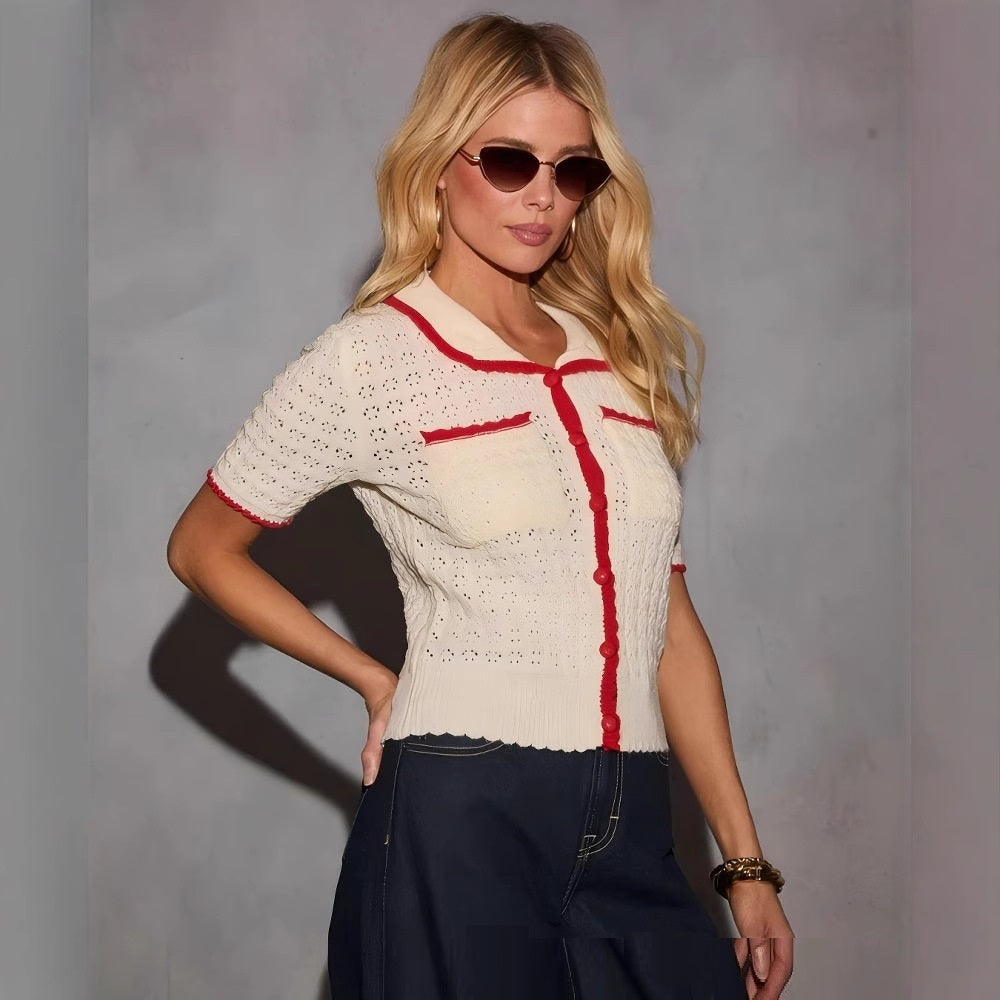 Shirts - European And American Women's New Fashion Casual Contrast Color Pocket Outer Slim Fit Inner Wear Sweater