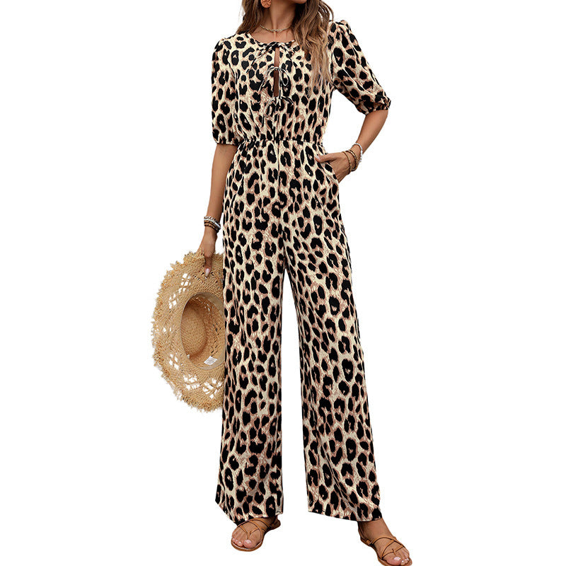Jumpsuits - European And American Jumpsuit Tied High Waist Leopard Print One-piece Trousers
