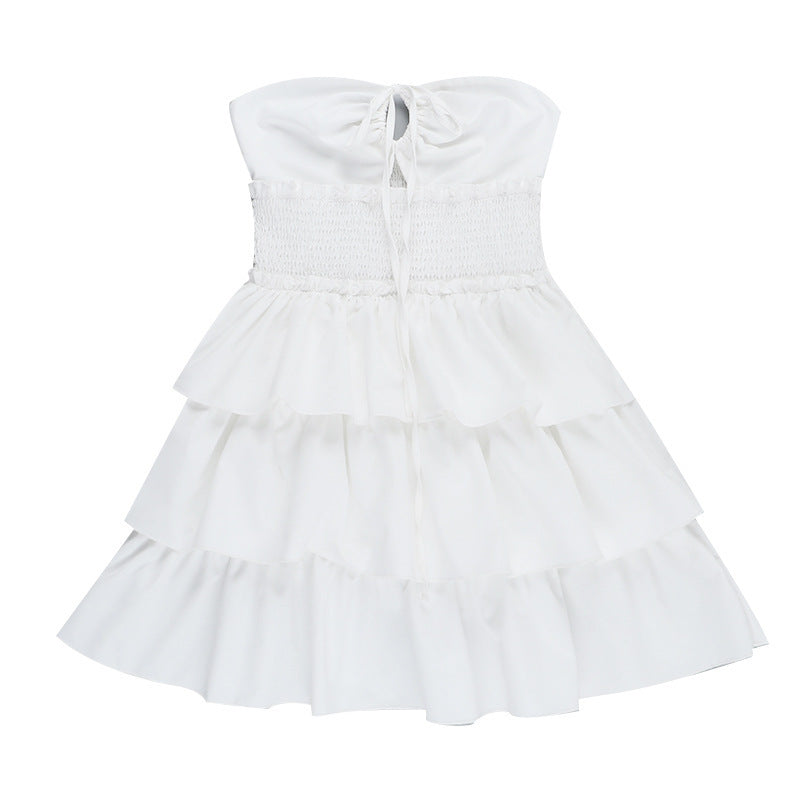 Tube Mini Dresses - Tube Top Hollow-out Cinched White Cake Dress Female Dress
