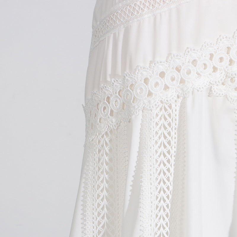 Round Neck Sleeveless Waist Lace Stitching Solid Color Dress