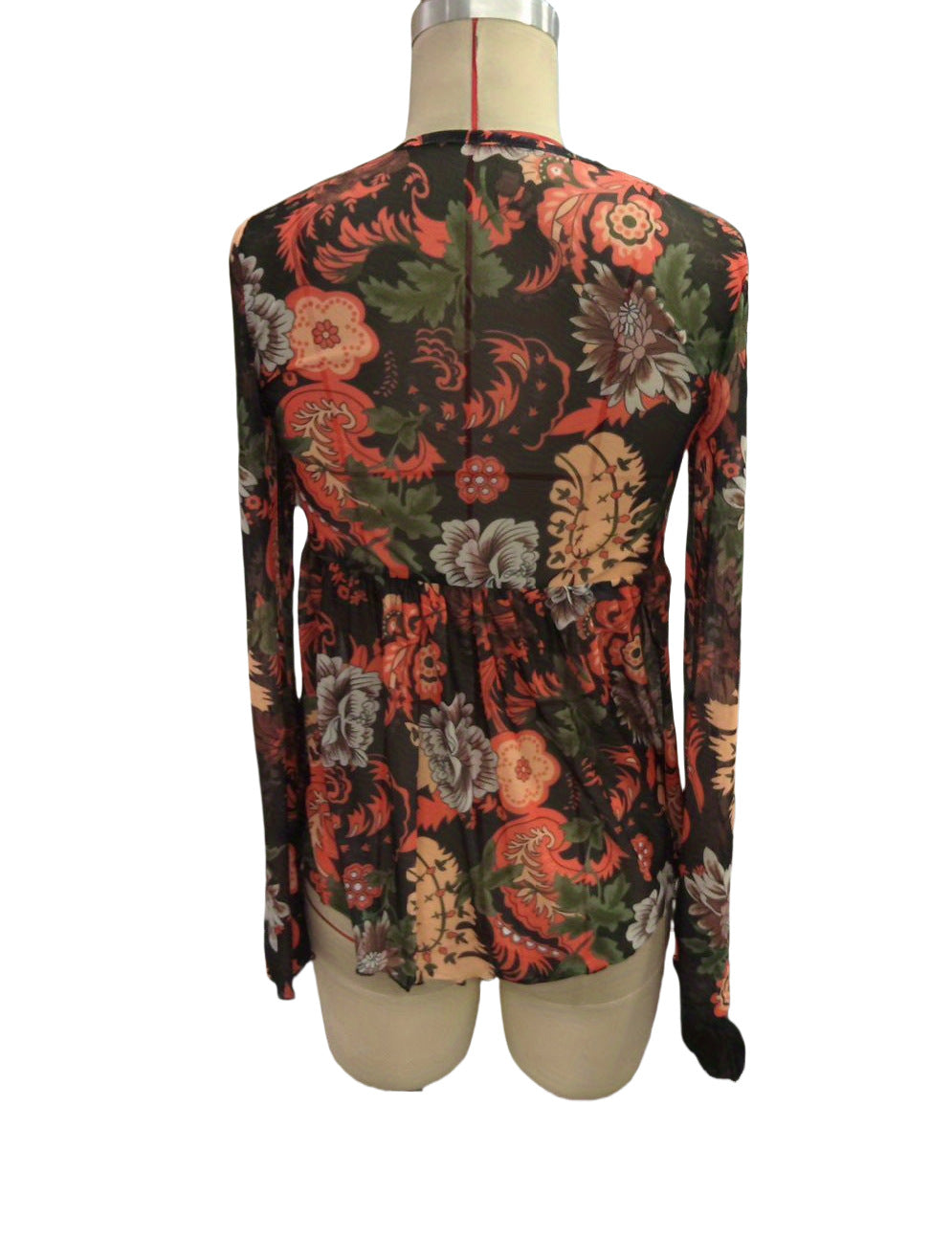 Blouses - New Mesh Printed Front Knotted Flare Sleeve T-shirt Long-sleeved Top For Women