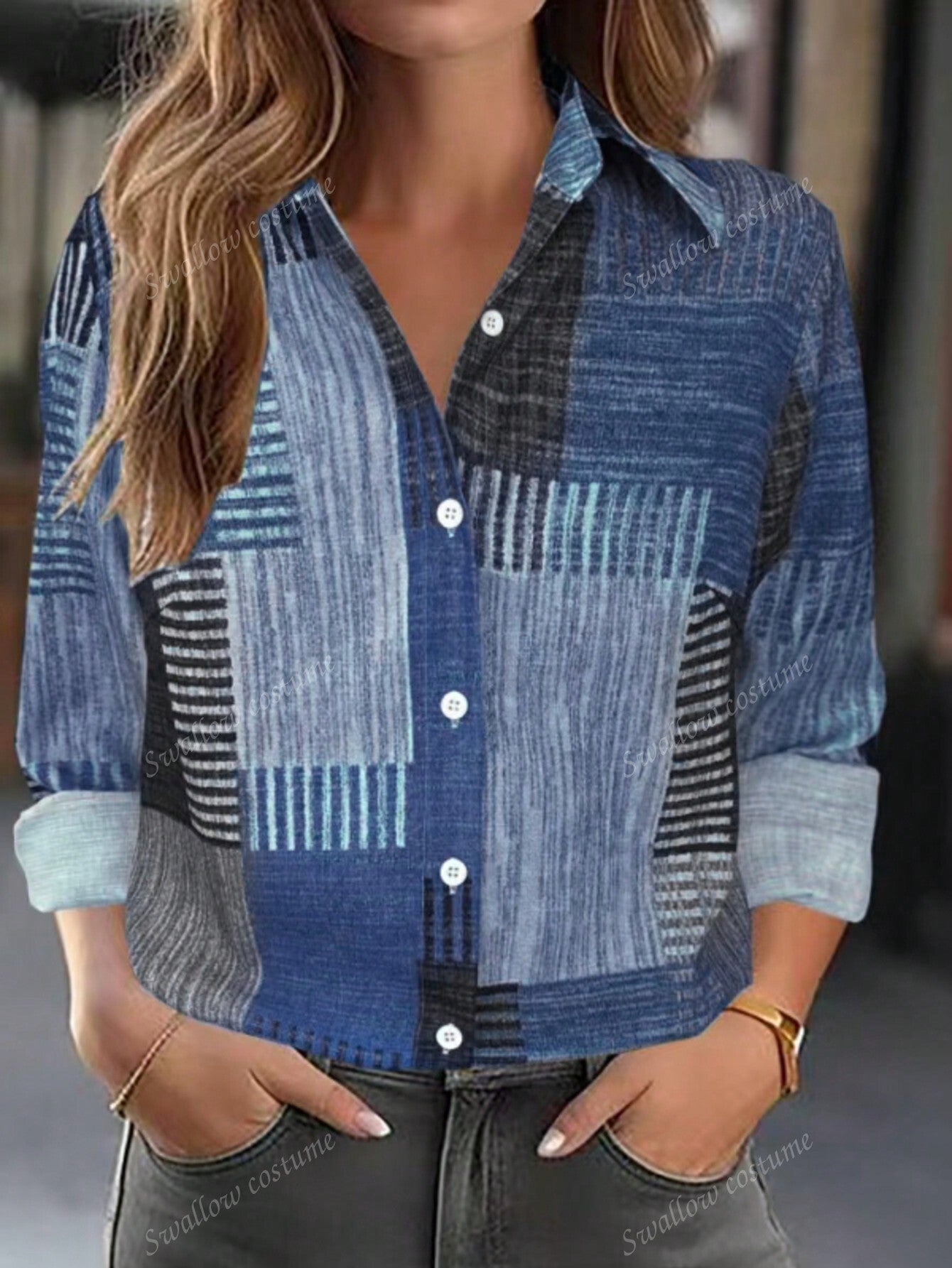 Shirts - Color Block Button Print Long Sleeve Casual Retro Shirt