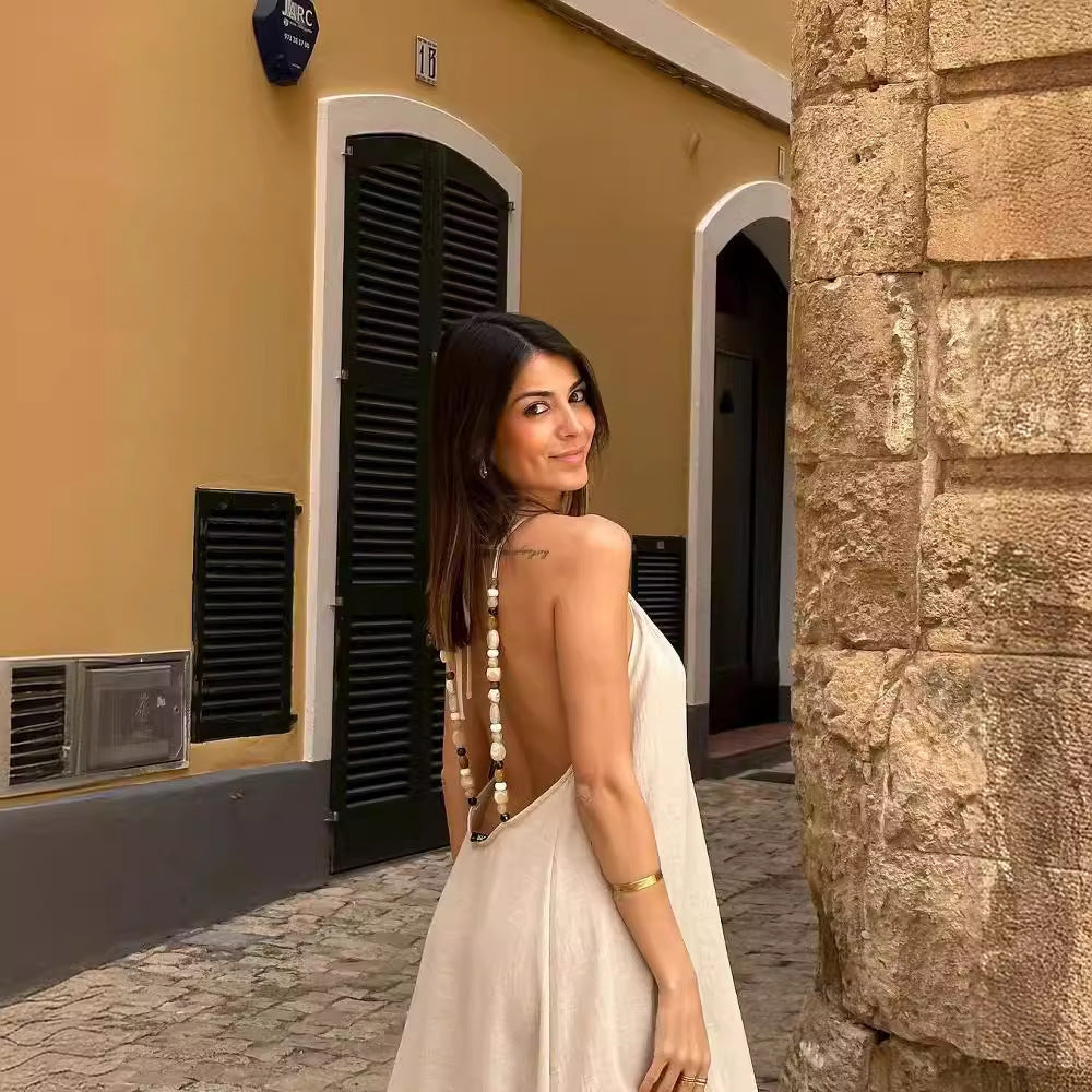 Vacation Dresses - Beaded Halterneck With Suspenders Dress