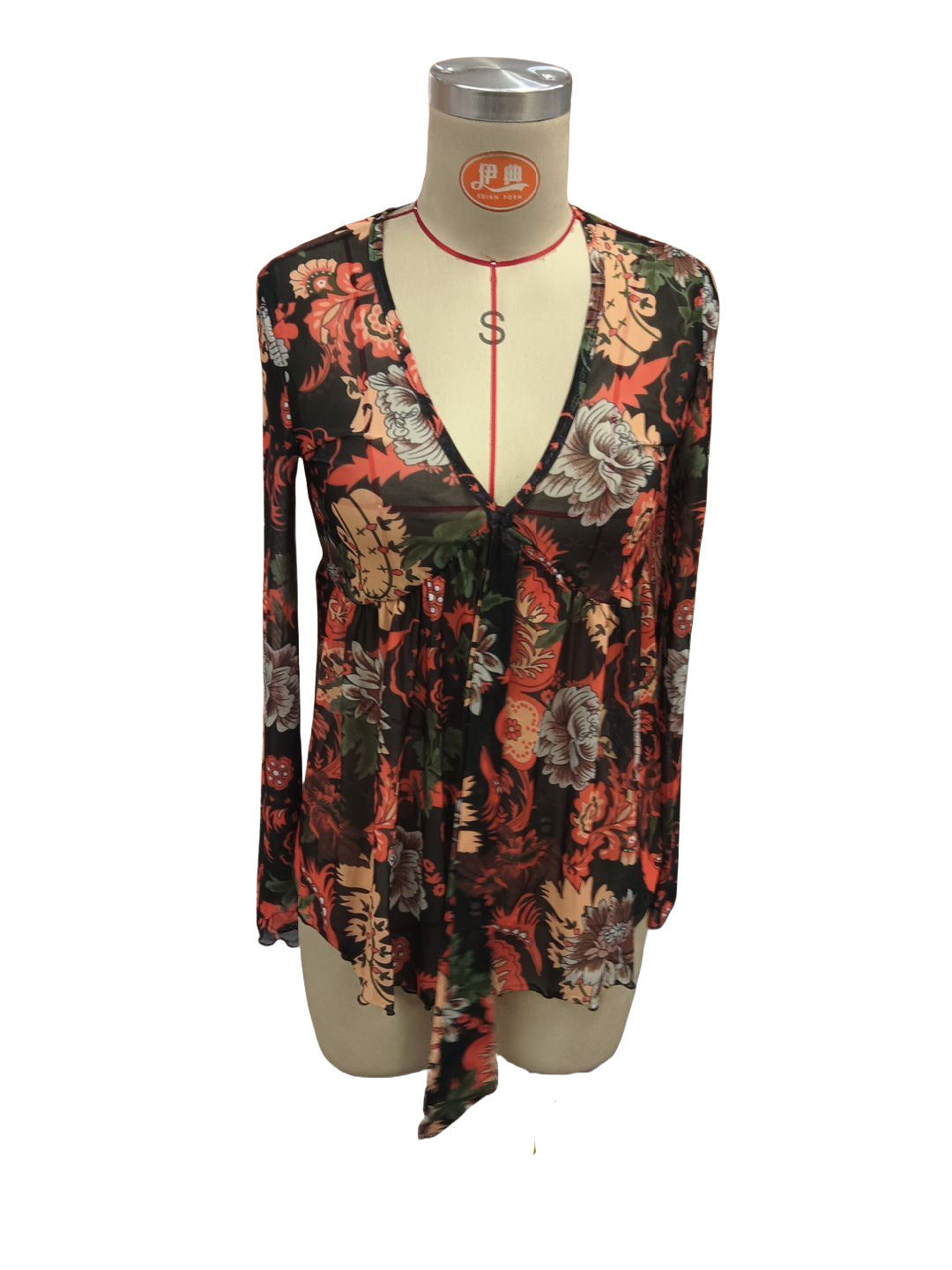 Blouses - New Mesh Printed Front Knotted Flare Sleeve T-shirt Long-sleeved Top For Women