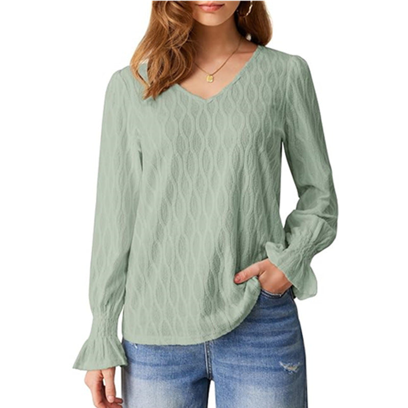 Blouses - Fashion V-neck Long Sleeve Smocking T-shirt Top Women's Clothing