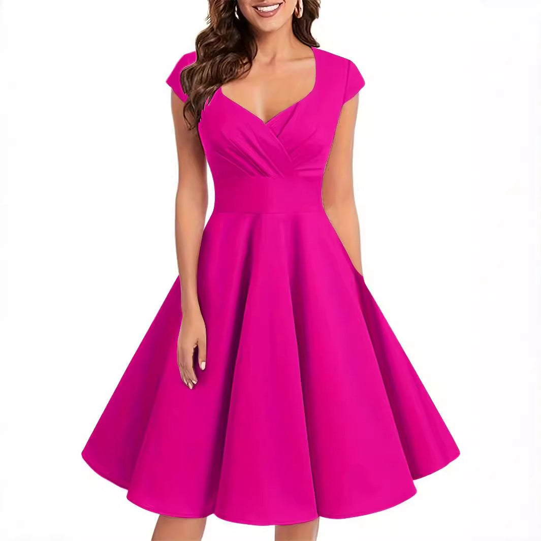 Fit and Flare Dresses - Retro Women's V-neck Half Sleeve Waist Dress