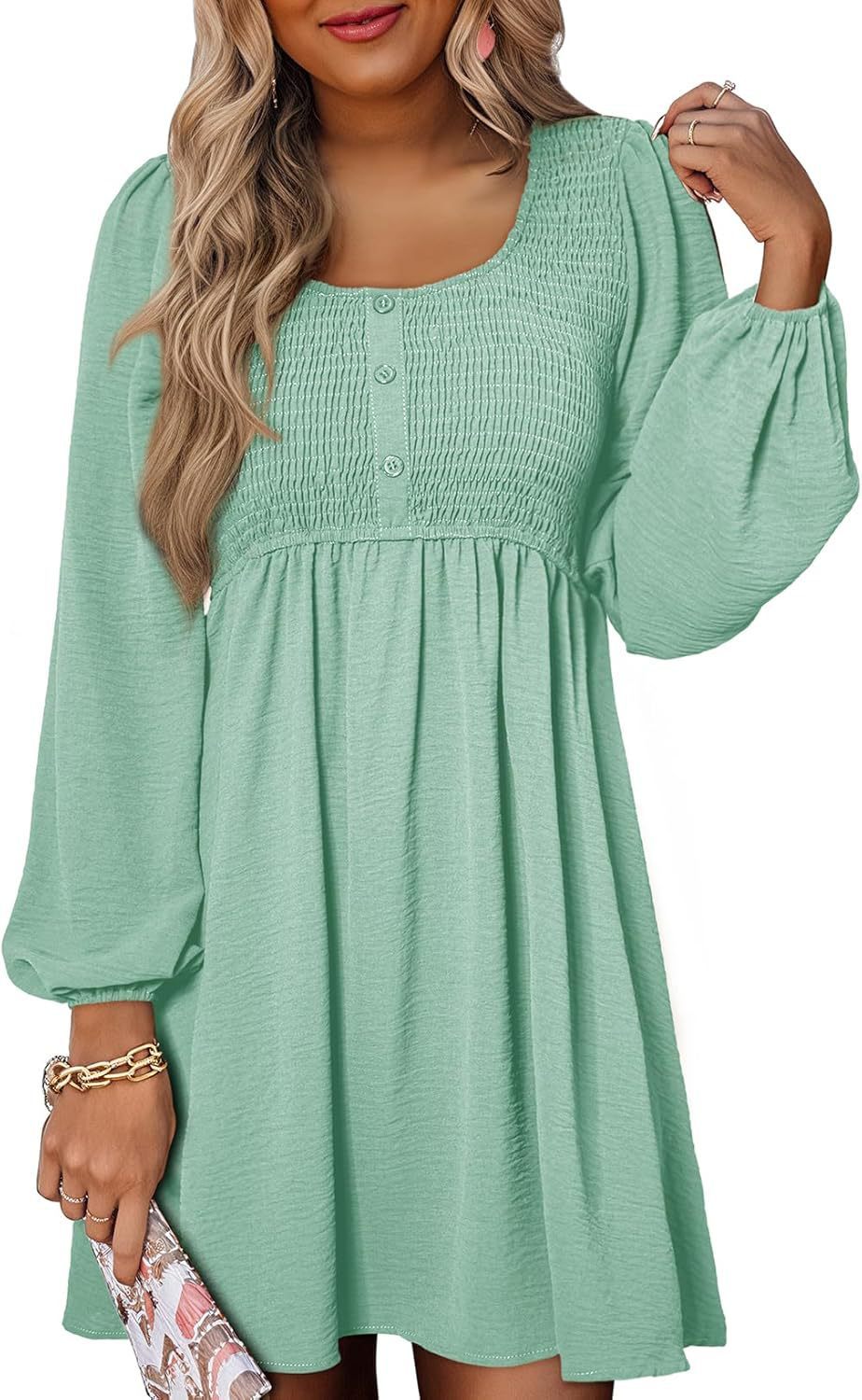Casual Dresses - Long Sleeve High Waist A- Line Mini Dress