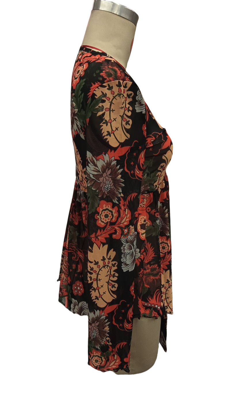 Blouses - New Mesh Printed Front Knotted Flare Sleeve T-shirt Long-sleeved Top For Women