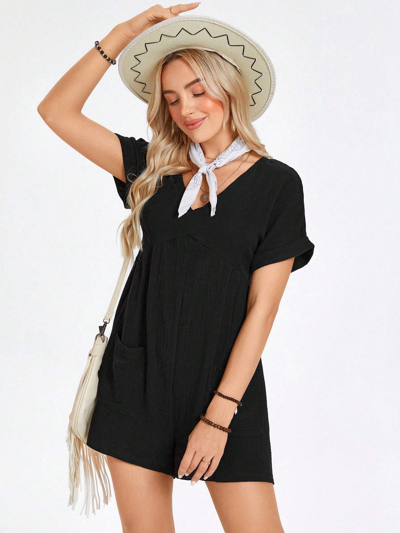 Rompers - Batwing Sleeve Pocket Patched Romper