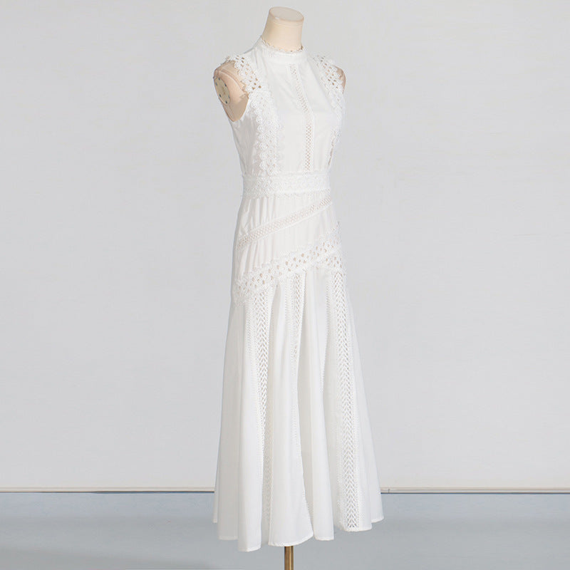 A-Line Dresses - Round Neck Sleeveless Waist Lace Stitching Solid Color Dress