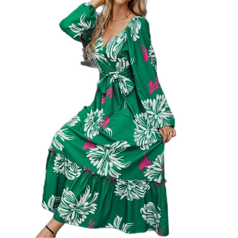 A-Line Dresses - Women's Clothing Fashion Vacation V-neck Backless Print Dress
