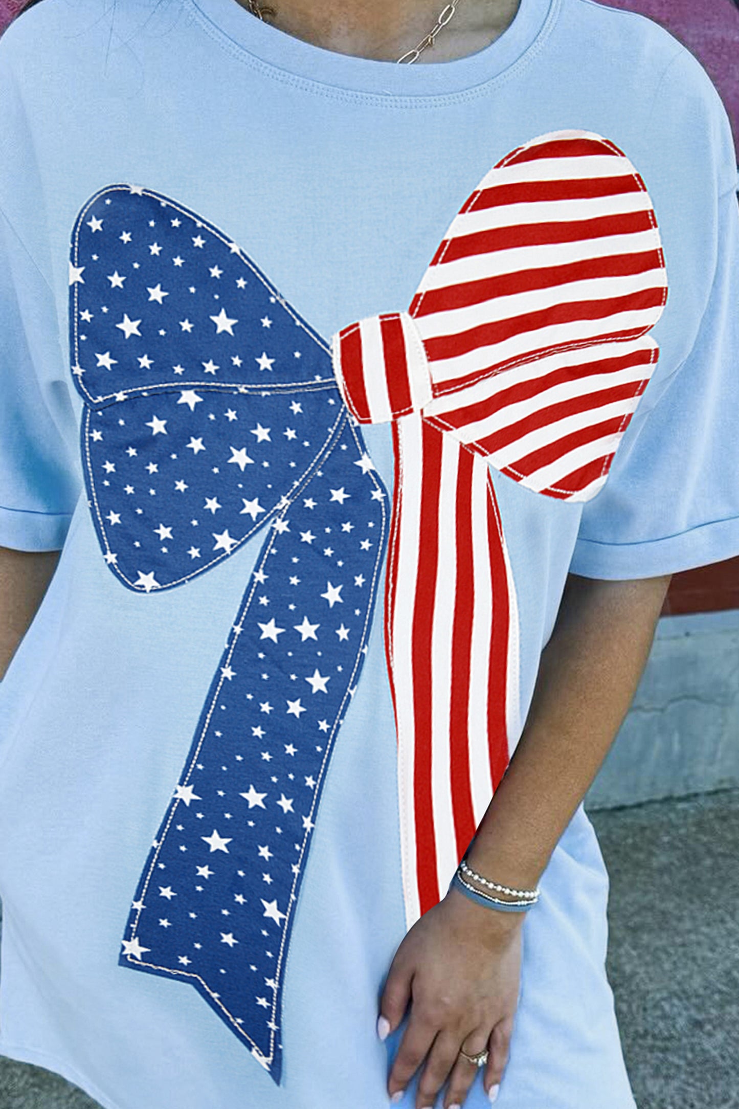 T Shirt Dresses - Beau Blue Patriotic Big Bow Stitched T Shift Mini Dress