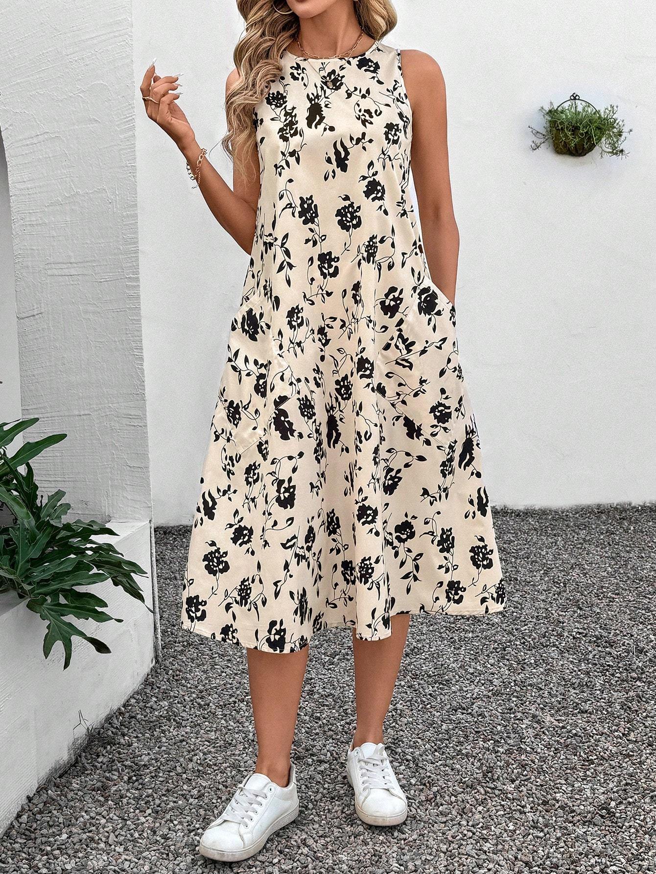 A-Line Dresses - Round Neck Sleeveless Flared Hem Retro Floral Print Casual Elegant Midi Dress