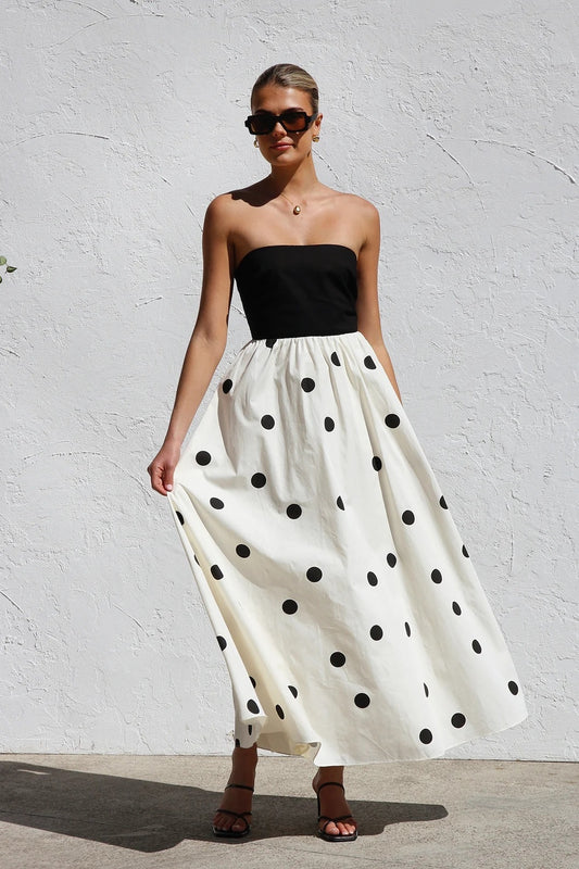 Strapless Dresses - Polka Dot Print Stitching Chest Wrap A- Line Dress