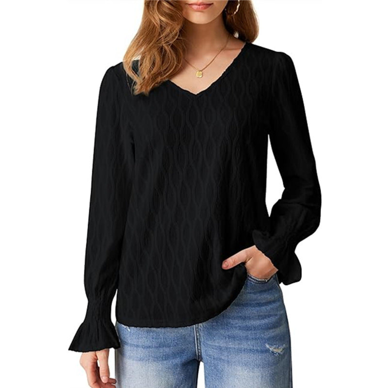 Blouses - Fashion V-neck Long Sleeve Smocking T-shirt Top Women's Clothing