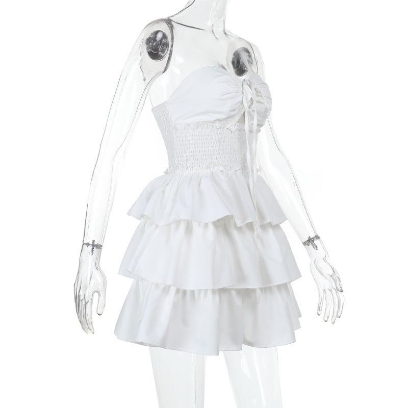 Tube Mini Dresses - Tube Top Hollow-out Cinched White Cake Dress Female Dress