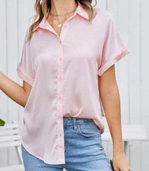 Blouses - Multicolor Silk Short Sleeve Satin Button Shirt Casual Loose Top