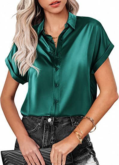 Blouses - Multicolor Silk Short Sleeve Satin Button Shirt Casual Loose Top