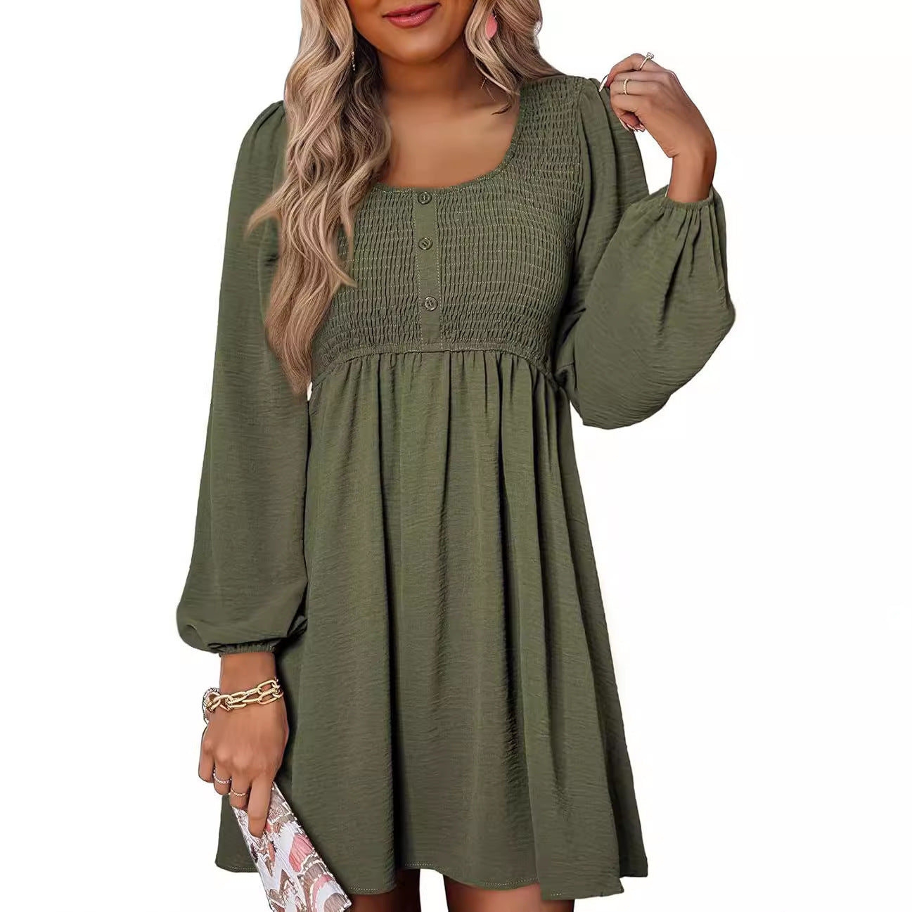 Casual Dresses - Long Sleeve High Waist A- Line Mini Dress
