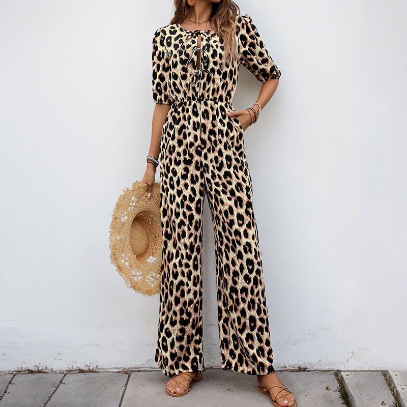 Jumpsuits - European And American Jumpsuit Tied High Waist Leopard Print One-piece Trousers