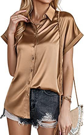Blouses - Multicolor Silk Short Sleeve Satin Button Shirt Casual Loose Top
