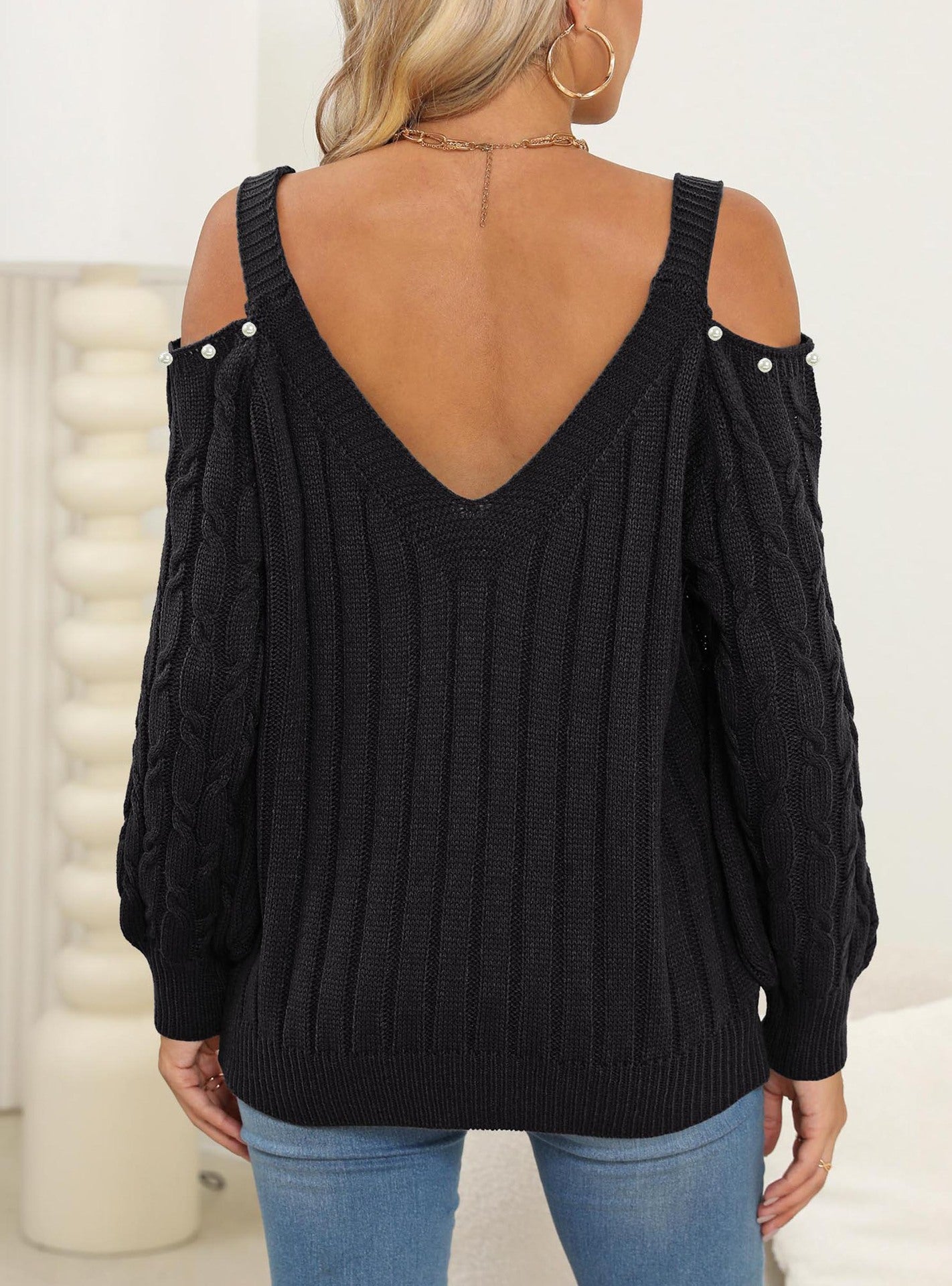 Sweaters - Woven Bottoming Shirt Deep V Off-the-shoulder Pullover Loose Sweater