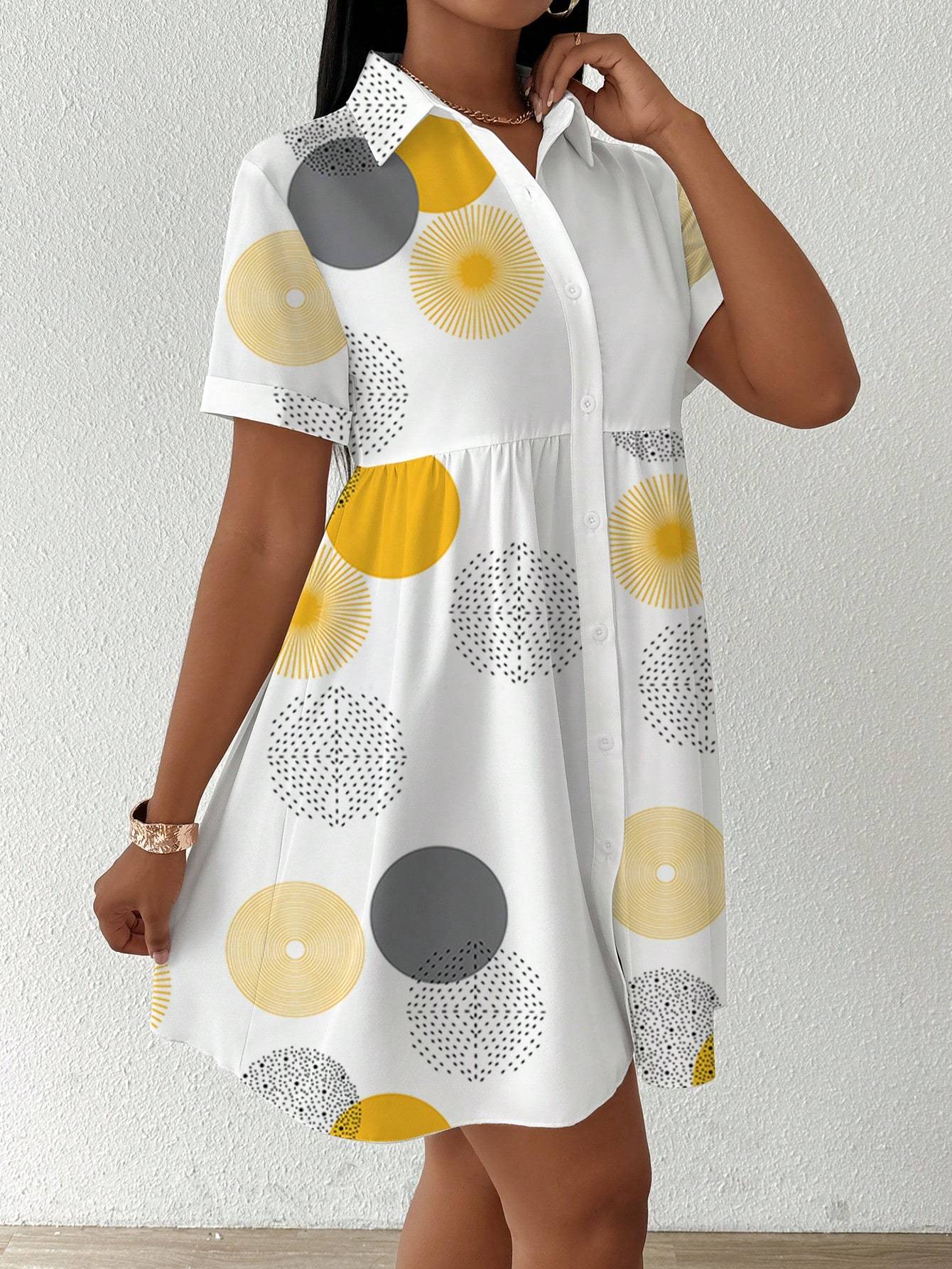 Shirt Dresses - Clasi Button-Front Short Sleeve All-Over Print Casual Short Dress Women Shirt