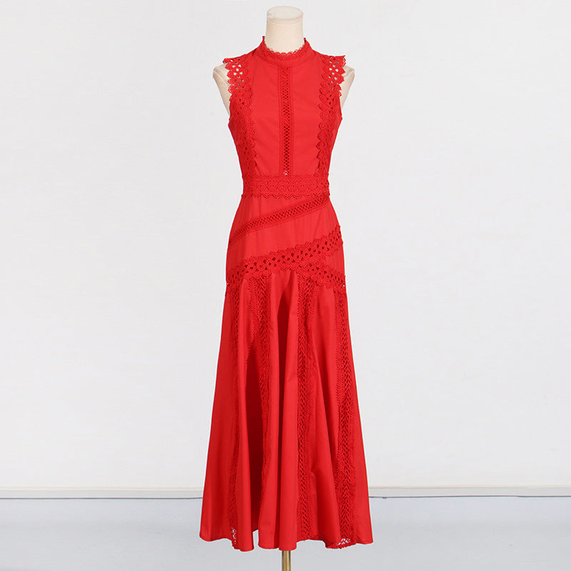 Round Neck Sleeveless Waist Lace Stitching Solid Color Dress