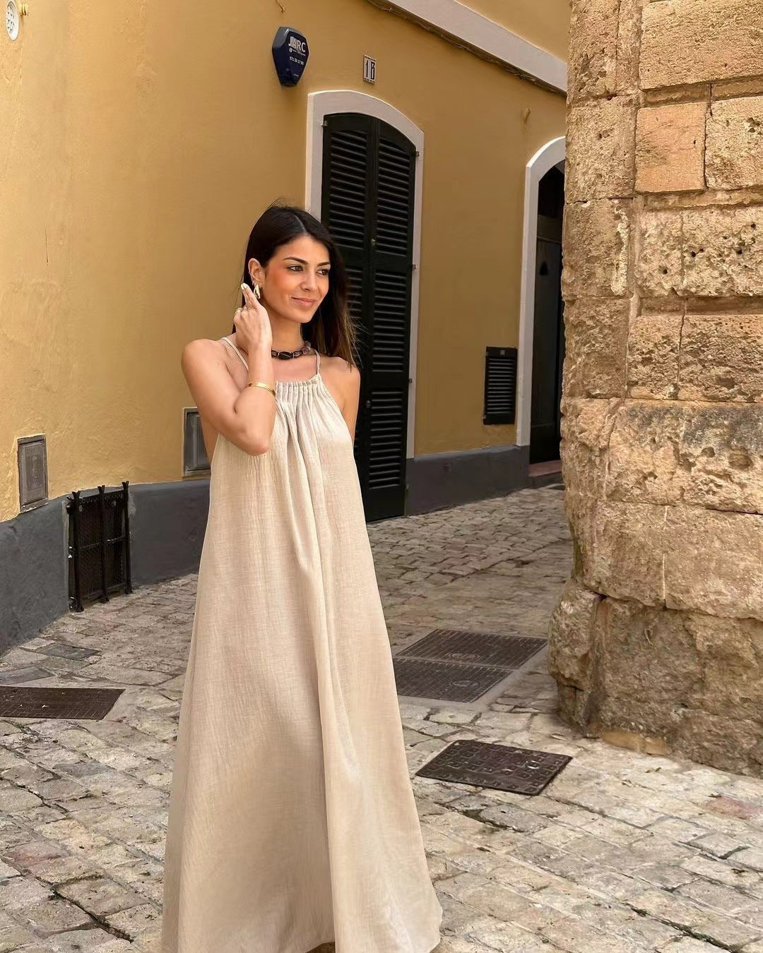 Vacation Dresses - Beaded Halterneck With Suspenders Dress